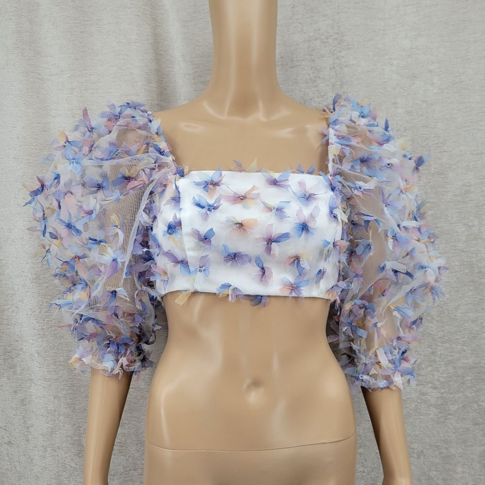 Storia Floral Puff Sleeve Crop Top White and Purple 2D Confetti Flowers